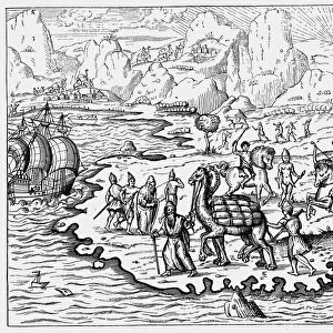 Merchants transporting goods to the coast and a waiting vessel by camel, 1575