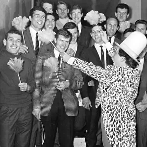 Comedian Ken Dodd meets the Liverpool football team at the London Palladium 1965