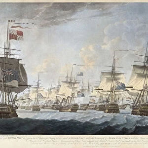 The Battle of Camperdown, Kamperduin in Dutch, 11 October 1797. The British North Sea Fleet under Admiral Adam Duncan bears down on the Batavian Navy fleet under Vice-Admiral Jan de Winter. After a print published in 1798