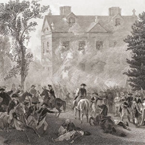 The Battle of Germantown which took place on October 4, 1777 between British and American forces during the American Revolutionary War. In the picture, action around the house of Chief Justice Chew. From an engraving by Hinshelwood after a work by Alonzo Chappel; Illustration