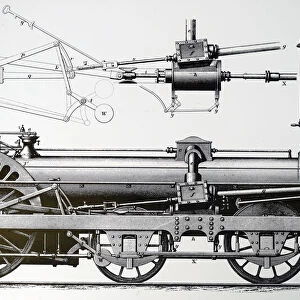Engraving depicting a Crampton railway locomotive