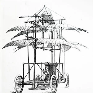 Engraving depicting a flying machine designed by Firmin Bousson, 20th century