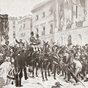 The entrance of General Prim into Barcelona, Spain in 1860. Juan Prim y Prats, 1st Marquis of Los Castillejos, 1st Count of Reus, 1st Viscount of El Bruch, Grandee of Spain, 1814 - 1870. Spanish general, statesman and Prime Minister of Spain. From Ilustracion Artistica, published 1887