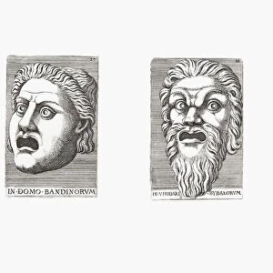 Three grotesque masks by Italian artist Adamo Scultori, 1530 - 1585, after fellow Italian Giulio Romano, 1499 - 1546