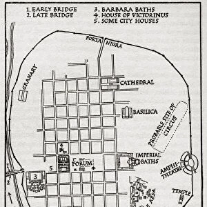 Layout of the ancient city of Trier, Germany, showing the early bridge, the late bridge, Barbara Baths, House of Victorinus and some city houses. The city lay approximately within the area of the grid of streets. After an illustration by Edgar Holloway