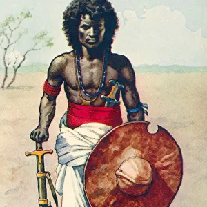 A member of the Hadendoa or Hadendowa tribe in Africa. These Beja people gained the the name Fuzzy-Wuzzy among British troops during the Mahdist War, due to their elaborately styled hair. From a contemporary print, c. 1935; Artwork