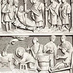 Saint Remigius, Remy Or Remi. Top: Saint Remigius Healing A Paralytic. Middle: Saint Remigius Healing A Sick Person By Invoking The Sacrament On The Altar. Bottom: Saint Remigius, Assisted By A Saintly Bishop, Baptizing Clovis I, King Of The Franks, In The Presence Of Queen Clotilde, While The Dove Of The Holy Spirit Delivers The Holy Ampulla. From Les Artes Au Moyen Age, Published Paris 1873