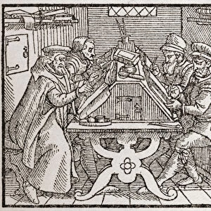 Scribes At Work During The Tudor Period In England. From A Contemporary Print