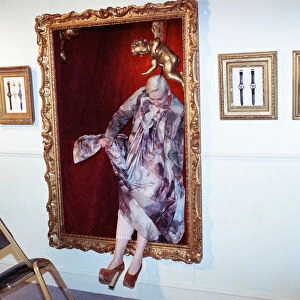 British fashion designer Vivienne Westwood, posing as an oil painting and jumping out