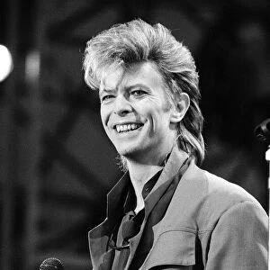 British pop singer David Bowie pictured performing in concert at Wembley