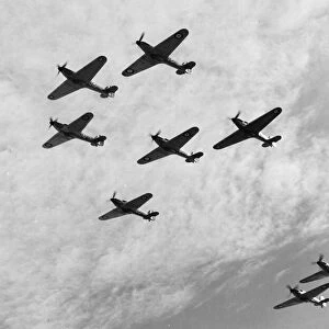 A formation of Hawker Hurricane fighters of Number 85 Squadron in search of enemy