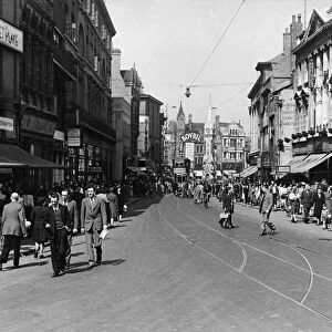 Leicester city centre, Gallowtree Gate from Horsefair Street looking towards the clock