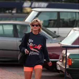 PRINCESS DIANA, ARRIVING AT CHELSEA HARBOUR FITNESS CLUB, WEARING PINK CYCLING SHORTS