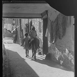Children on donkey, passageway by Arch House, Fore St, East Looe