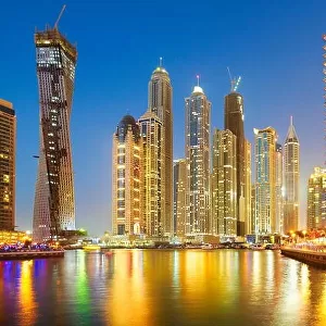 Dubai skyline at evening, Dubai Marina (an artificial city for 120000 people), Dubai, United Arab Emirates