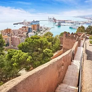 View from Alcazaba Castle at the port, Malaga, Spain