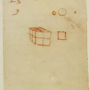 A cube, a square and some circles, drawing from the Codex Forster II, c.17r, by Leonardo da Vinci, housed in the Victoria and Albert Museum, London