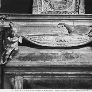 Lower detail of the tomb of Mary of Aragon, designed by Antonio Rossellino and sculpted by Benedetto da Maiano. It is located in the Cappella Piccolomini in the church of Sant'Anna dei Lombardi, Naples