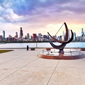 Illinois, Chicago, City Skyline and Sundial from Adler Planetarium