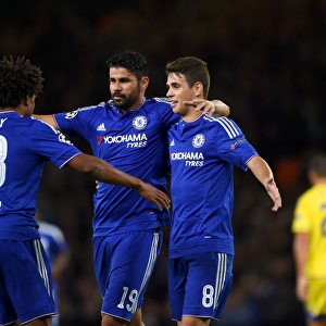 Diego Costa's Hat-Trick: Celebrating with Remy and Oscar in Chelsea's UEFA Champions League Victory over Maccabi Tel Aviv (September 2015)