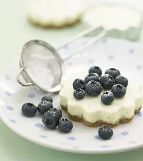 Blueberry cheesecake dusted with icing sugar, on a plate with a small sieve