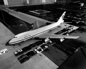 Aerial view of Boeing 747, called also Jumbo Jet, after it is painted with Pan Am logo Aerial view of Boeing 747, called also Jumbo Jet, after it is painted with Pan Am logo