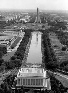 Aerial view shows March on Washington participants streaming towards the Lincoln Memorial Aerial view shows March on Washington participants streaming towards the Lincoln Memorial