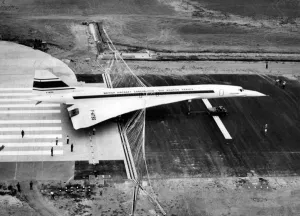 Aerospatiale picture shows plane Concorde 001 landing in a barriere during a test Aerospatiale picture shows plane Concorde 001 landing in a barriere during a test