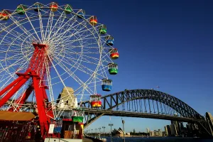 <b class=qtipBold><figcaption>Australia-Bridge-Harbour-Steel</figcaption></b><br>A ferris wheel (L) at Luna Park, appears to tower over the Sydney Harbour Bridge (R) as it links the northern and southern shores. The bridge fondly known as the ;Coat Hanger and officially opened in March 1932 is the world's largest (but not longest) steel arch bridge, with six million hand driven rivets and 53, 000 tonnes of steelwork used in its construction and taking 1400 men eight years to build. AFP PHOTO/Greg WOOD / AFP PHOTO / GREG WOOD<br><em>© Copyright Agence France-Presse (AFP) - All Rights Reserved</em> Australia-Bridge-Harbour-Steel