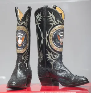 Prints of Former president Ronald Reagans cowboy boots, by Tony Lama Boots, are among the items from the private collection of Ronald and Nancy Reagan displayed at Christies September 16, 2016 USA Prints: Christies press preview of Ronald Reagan private collection