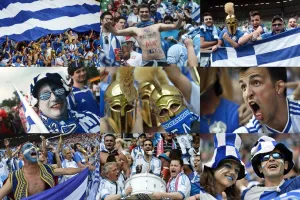 A combination of pictures taken in June 2012 shows Greek supporters during the Euro A combination of pictures taken in June 2012 shows Greek supporters during the Euro