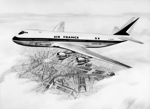 Concept artist shows an Air France Boeing 747 flying over Paris, September 18, 1966 Concept artist shows an Air France Boeing 747 flying over Paris, September 18, 1966