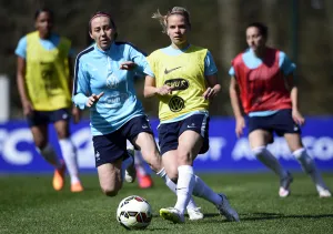 Frances forward Eugenie Le Sommer (C) vies fpr the ball with Frances defender Frances forward Eugenie Le Sommer (C) vies fpr the ball with Frances defender