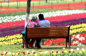 <b class=qtipBold><figcaption>INDIA-KASHMIR-TOURISM-TULIPS</figcaption></b><br>An Indian Kashmiri couple sits on a bench at a Tulip Garden, claimed to be Asia's largest, in Srinagar on April 1, 2017. / AFP PHOTO / Tauseef MUSTAFA<br><em>© Copyright Agence France-Presse (AFP) - All Rights Reserved</em> INDIA-KASHMIR-TOURISM-TULIPS