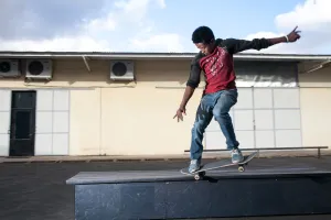 Malagasy skater Lofo, 20, rides and trains at the skateboarding ground especially