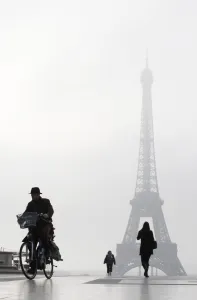 Eiffel Tower Prints: Man Rides a Bicycle Esplanade Du Trocadero