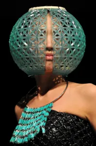 A model displays a creation by Kyrgyz designer Abylkasym kyzy Gulburak during Bishkek