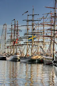 Tall Ship Prints: People look at ships docked at the Lithuanian Baltic Sea port of Klaipeda on August 2