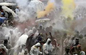 People participate in the flour war on the streets of Galaxidi, some 250 People participate in the flour war on the streets of Galaxidi, some 250