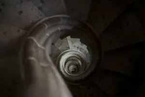 Spain Prints: Picture shows the spiral staircase of the Passion facades bell tower (Western
