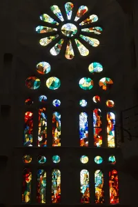Spain Prints: Picture shows a stained glass rose window of the Expiatory Church of the Sagrada