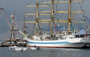 Tall Ship Prints: This picture taken on September 27, 2013 shows Russias ship Mir
