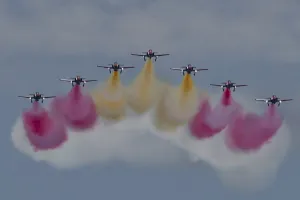 Planes of the Spanish Aguila Patrol perform during the Motril International Air Festival in Motril