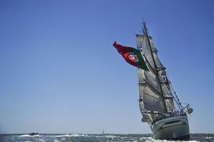 Tall Ship Prints: Portuguese sailing boat Sagres sail in Tejo River in Lisbon on July 19, 2012, during