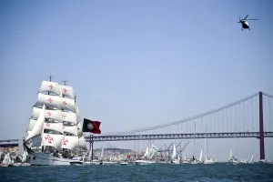 Tall Ship Prints: Portuguese sailing boat Sagres sails in Tejo River in Lisbon on July 19, 2012, during