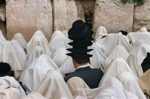 Offbeat Quirky Images Prints: Retro-Israel-Orthodox Jews-Hat-Taleth-Passover Prayer