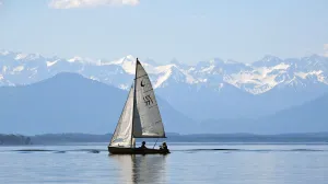 AFP Instagram Collection Prints: Sail boat on lake Starnberger See against Alps panorama