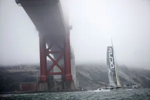 Prints of The L Hydroptre DCNS, the fastest sailing boat designed by French yachtsman Alain Thbault, sails under the Golden Gate Bridge on San Francisco Bay during their visit to the Americas Cup on August 23 USA Prints: Sail-Us-France-Hydroptere-Americas Cup