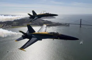 <b class=qtipBold><figcaption>SAN FRANCISCO FLEET WEEK</figcaption></b><br>The US Navy Blue Angels numbers 5 and 6 fly near the Golden Gate Bridge in San Francisco, California as part of a practice run for Fleet Week on October 6, 2016. / AFP PHOTO / JOSH EDELSON<br><em>© Copyright Agence France-Presse (AFP) - All Rights Reserved</em> SAN FRANCISCO FLEET WEEK