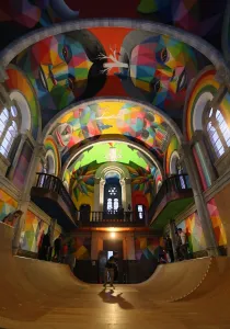 Skateboarders practice at the Kaos Temple skatepark in the northern Spanish village